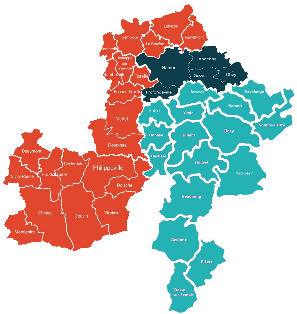 Carte des territoires : Namur-Meuse en bleu foncé, UOAD en turquoise et Namur Ouest en orange. Utilisez la recherche par localité pour identifier précisément votre SISD.
